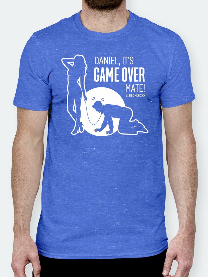 Stag t-shirt in heather blue with the 'Game Over Mate' design printed on the front in white.