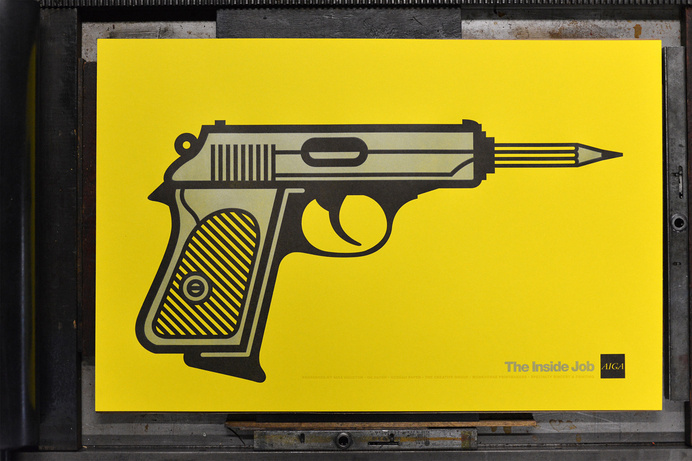 INSIDE JOB #allan #printmaking #gun #print #yellow #letterpress #houston #peters #pencil #workhorse #aiga