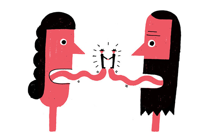 Benoit Tardif / theatre de la licorne / colagene.com #naive #woman #illustration #speak #tongue #man #shake #hand #discussion