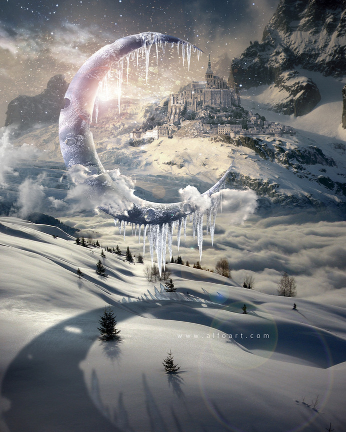 Magic Christmas. Fairy night with the crescent above the clouds. Moon craters 3D model. Fairy Christmas snoe and icy landscape. #clouds #christams #card #winter #snow #christmas #xmas #moon