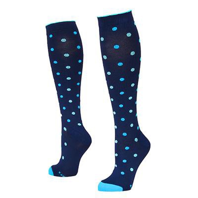 Designer performance slate compression socks with blue and mint polka dots