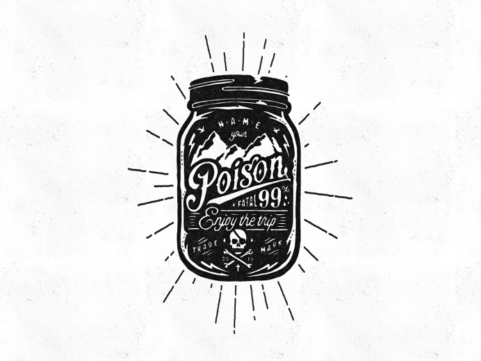 'Name Your Poison' illustration for F&L Co. #illustration #handdrawn #typography #poison #jar #fatal #skull #mountains