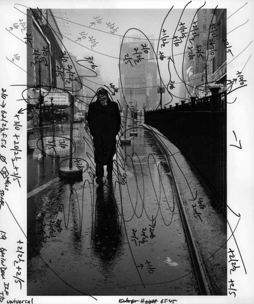 yimmyayo:Dennis Stock's image of James Dean in Times Square, marked with Pablo Inirio's printing notations. #photography #sketch