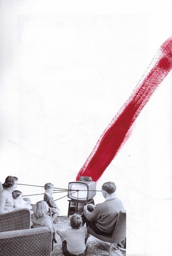 The world is focused on technology. #red #white #retro #black #advertising #illustration #paint #vintage #poster #and #painting #collage #paper #technology