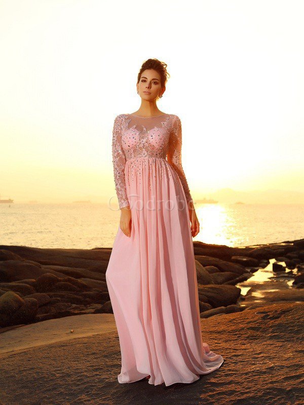 Robe de bal longue ligne a avec manche longue avec zip avec perle