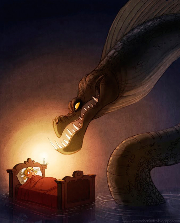 The Art Of Animation, Elsa Chang #nightmare #child #dream #serpent #snake #childhood #illustration #bed #eel