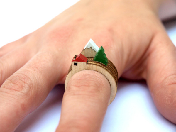 A Tiny Landscape on Your Finger: Birch Rings by Clive Roddy Photo #wood #laser cutter #white #mountain #house #red #green #tree #ring