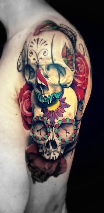 Day of the dead/ skull and flowers tattoo - great use of graphic shapes with dimensional rendering. #tattoo #muerte #skulls #flowers