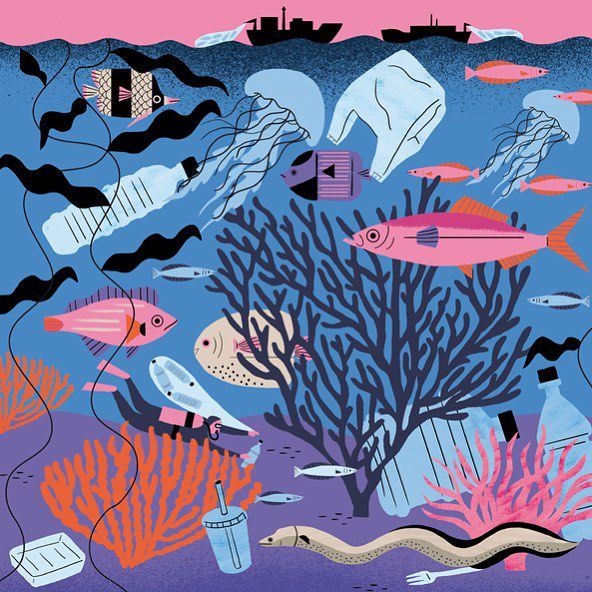Plastic Ocean! Over 5 trillion pieces of plastic currently litter the Ocean, there are lots of initiatives searching for solutions, for example #theoceancleanup @theoceancleanup which lately commenced it‘s work, or #diveagainstdebris just to mention two of them. #ocean #plasticocean #fish #reef #coralreef #illustration #saynotoplastic #saveouroceans #🐟 #🐠 #🐡