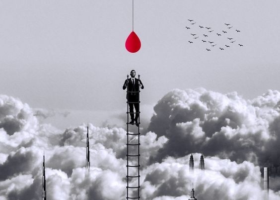VOLiTiON - photomanipulation #manipulation #retouching #deigitalArt #art #behance #clouds #man #sky #ballon #ladder #buildings