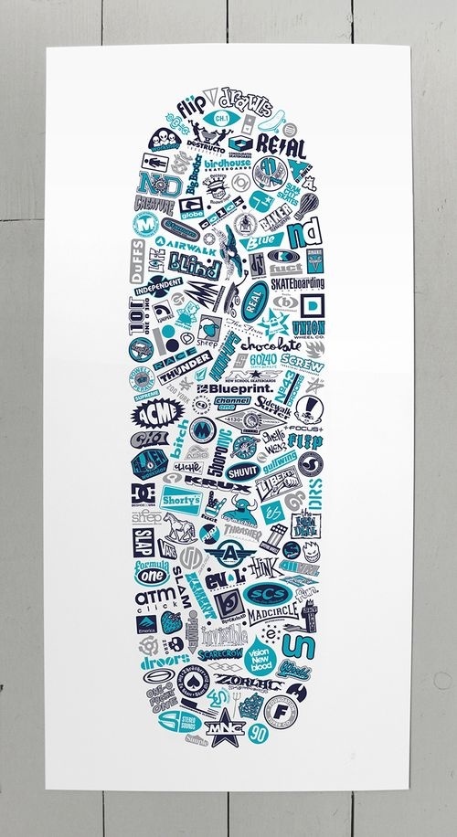 Collection of vintage (1990's) skateboard logos, redrawn and arranged within the shape of a classic 90's skate deck. Blue 901 screen print b