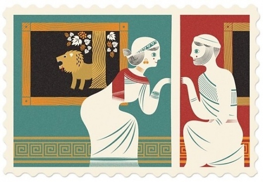 Pyramus And Thisbe / Greek / Babylonian by StudioTipi on Etsy #stamp #red #card #print #postage #lion #human #illustration