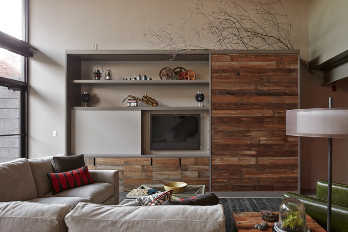 loft - industrial - Living Room - Kansas City - lisa schmitz interior design #wood #media #wall #center