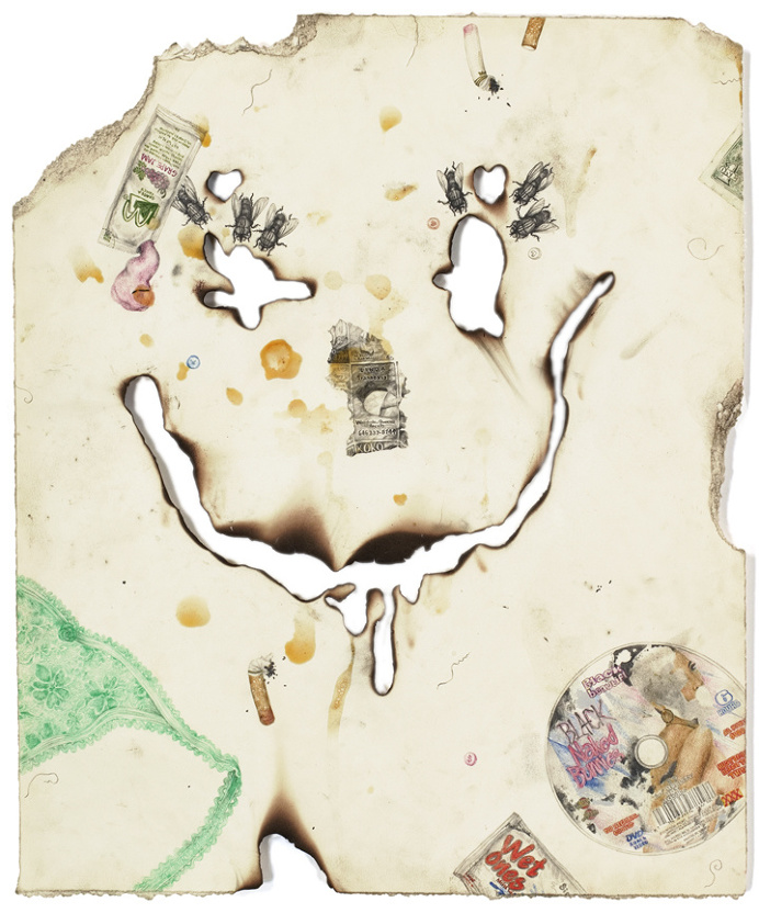 "Creep Ball Cum Sucker" pencil, colored pencil, acrylic, spit, cum, dirt on paper, 18" x 15", 2008