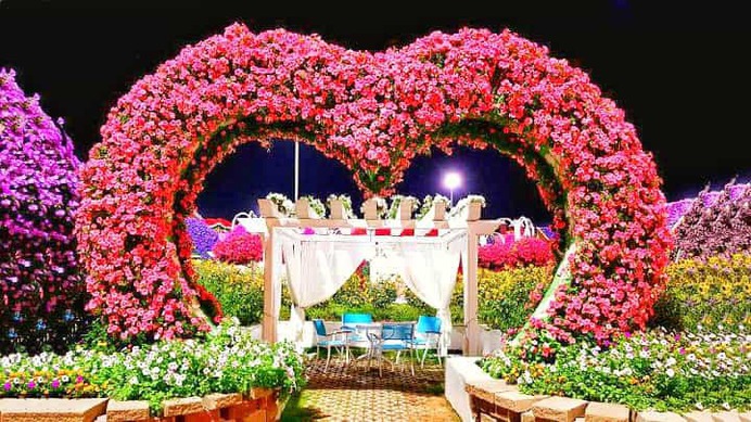 Heart-shaped entrances at Dubai Miracle Garden.