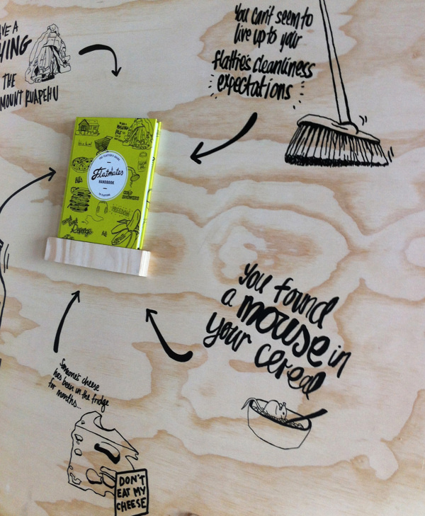Flatmate's Handbook #display #black #advertising #wood #illustration #vinyl #sticker #green