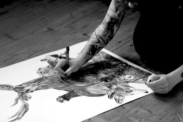 Deep forest on Behance #biro #fox #realistic #illustration #tattoo #animals #forest #rabbit #drawing