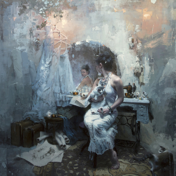 "A Long Abandoned Dream" 48 x 48 in. Oil on Panel 2013 #woman #gown #bridal #cat #portrait #painting #wedding
