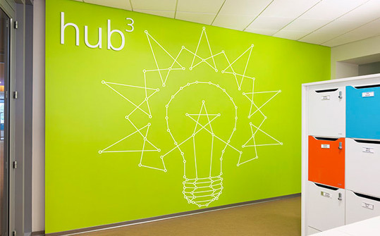 GlaxoSmithKline US HQ. Designed by Pentagram @enviromeant.com #graphics #wall