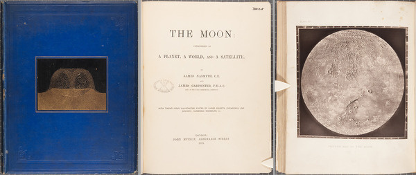 From left to right: the front cover, title page and Plate IV from the first edition (1874) of James Nasmyth's The moon. #classic #book #volume #illustration #vintage #moon