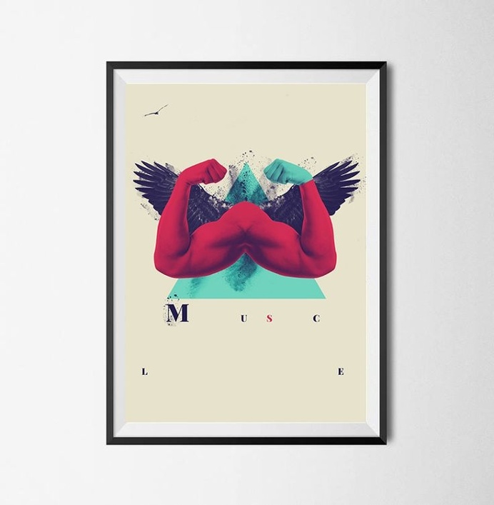 M u S c L e / / 0 1 Is a personal collage composition, mixing static and no static elements, as human arms, birds and geometric shapes, wo