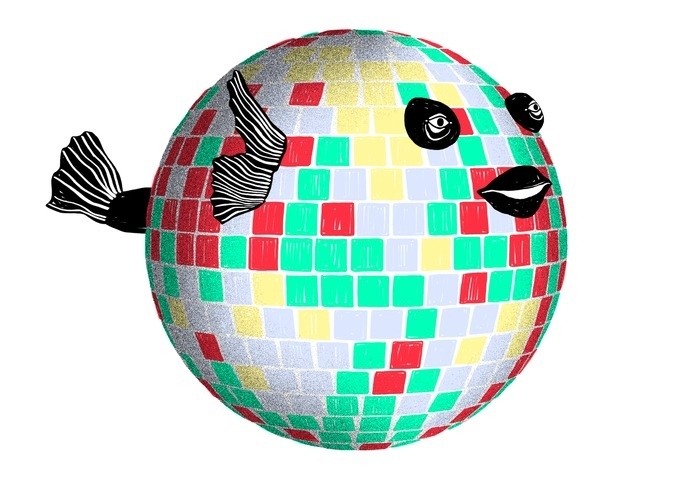 illustration, party animal, disco, mirror ball, fish