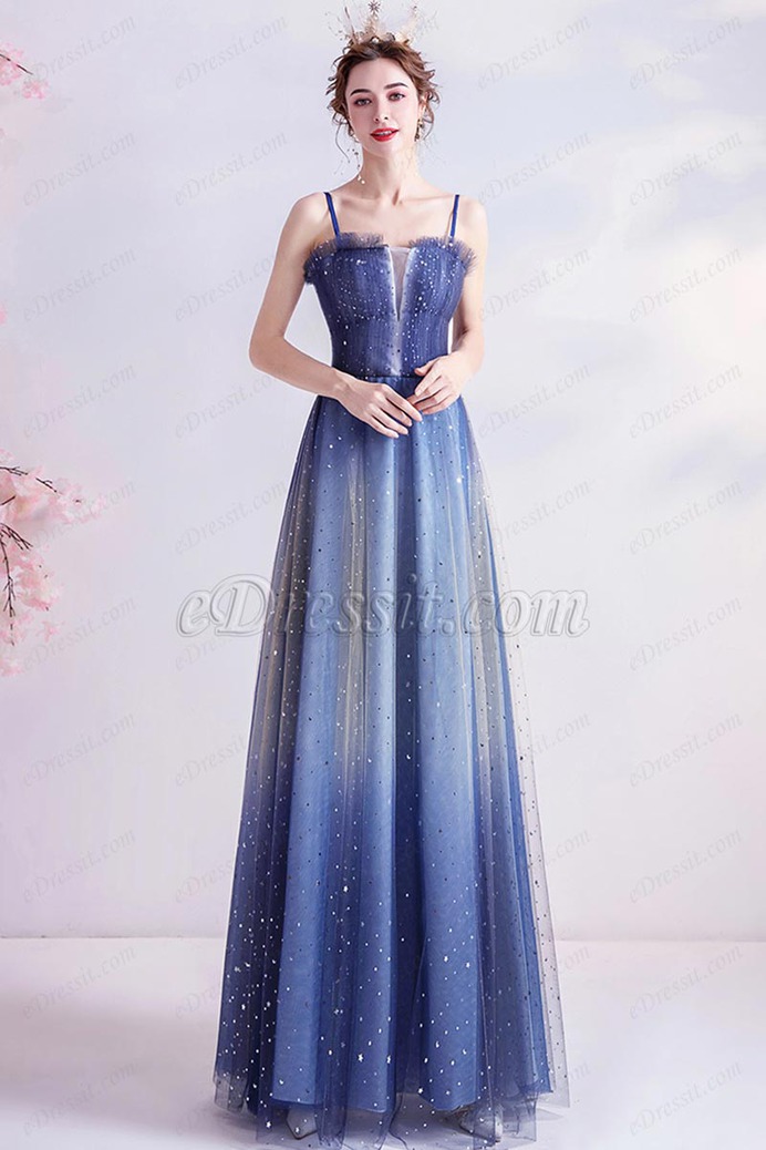 eDressit Blue Spaghetti Straps Shiny Tulle Evening Prom Dress (36226805)