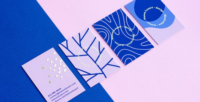 Manon’s Personal Identity showcases the business card and augmented reality designs by the Montreal-based graphic designer, Manon Louart. The branding makes use of a blue/purple-toned colour palette, combining pastel violet shades with deep royal blue, along with gold foil. Organic print pattern designs are animated for mobile and web viewing. For more of the most beautiful designs visit mindsparklemag.com