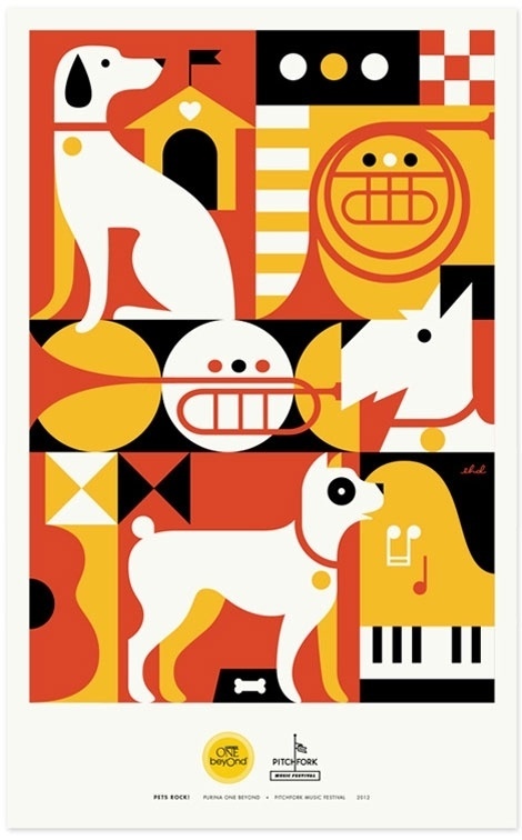 grain edit · Pets Rock Posters #piano #hour #rock #eight #geometric #illustration #horn #day #music #pets #dog