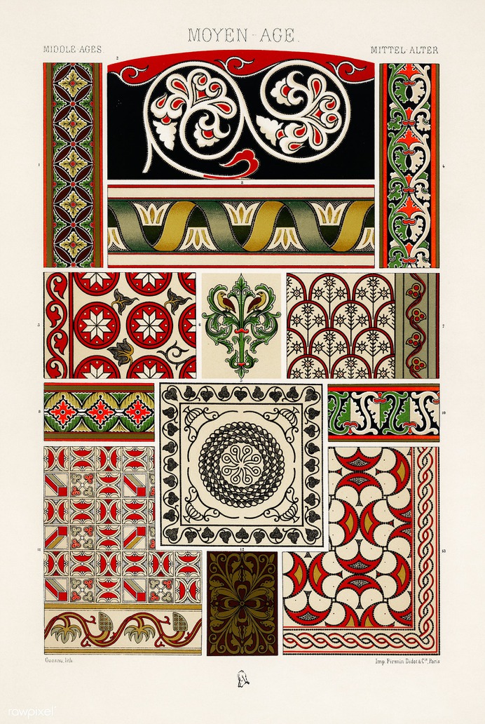 Middle-Ages pattern from L'ornement Polychrome (1888) by Albert Racinet (1825–1893). Digitally enhanced from our...