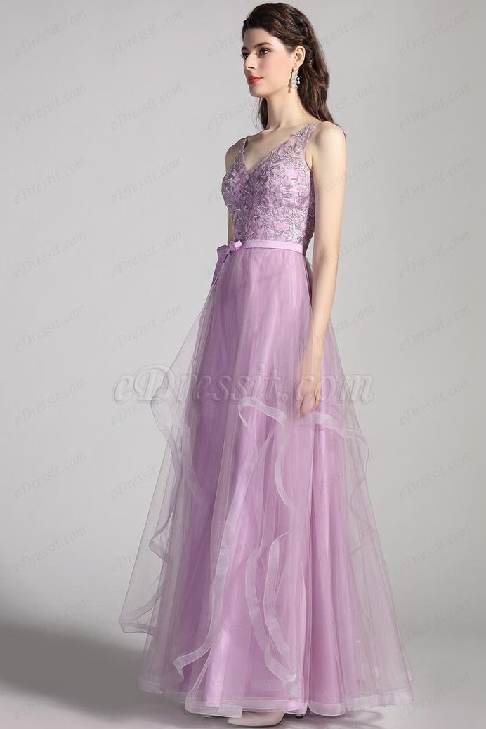 eDressit Purple V-cut Straps Lace Tulle Ball Evening Dress (00206106)