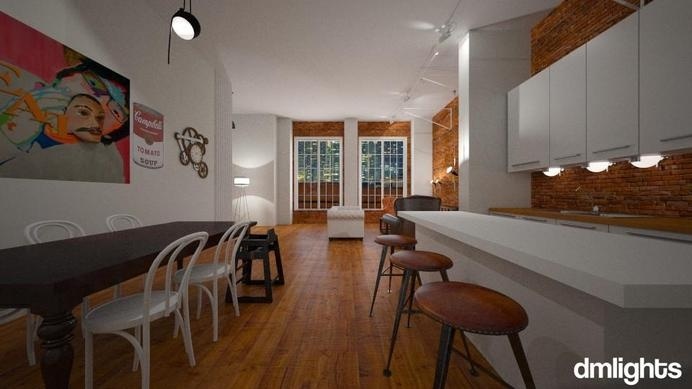 (3D Render) London apartment with bare brick walls and minimalist interior.