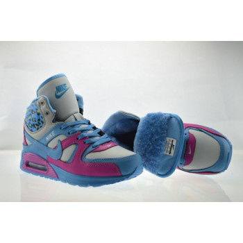Womens Nike Air Max Shoes High Cut Fur for Winter Gray Blue Pink