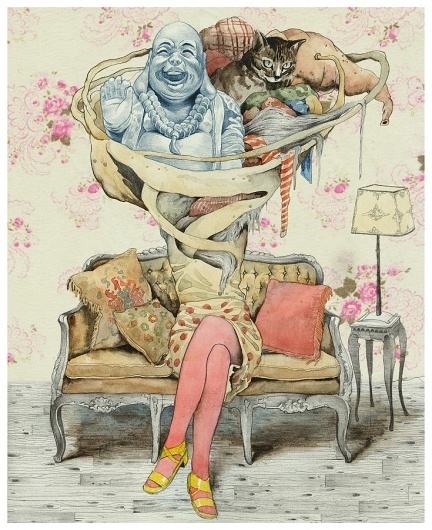 ilustracikjhiqon..,... on the Behance Network #sofa #woman #ligay #dmitry #living #cat #buddha #illustration #room