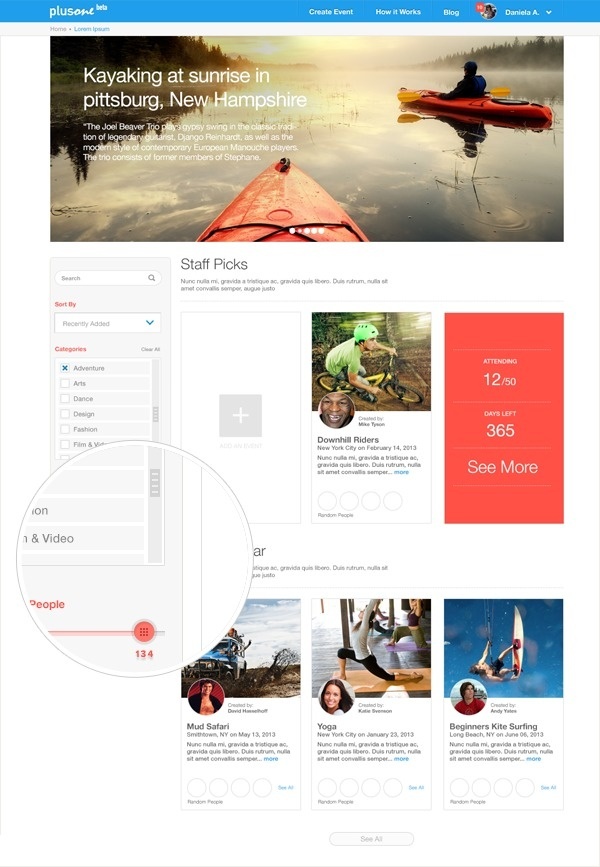 joinplusone.com - Open Events #events #whitespace #ux #interaction #minimalism #ui #sports #list #listingpage #filters