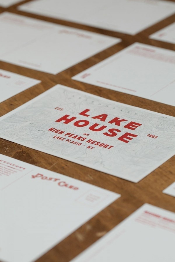 Business card design idea #75: Post cards. #lake #house #business #branding #card #travel #map #hotel