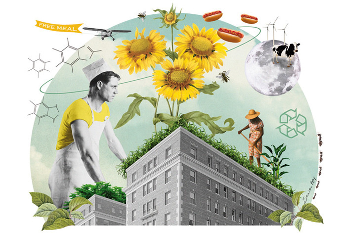 Sonia Roy, colagene.com #truck #city #photomontage #food #restaurant #illustration #sunflower #summer #flower #collage #editorial #magazine