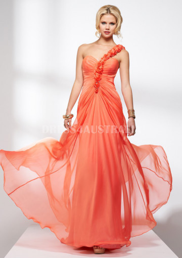 Apricot punch One Shoulder With Flowers Floor Length Evening Dress/ Prom Dresses By FIT P4608