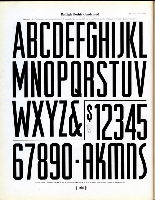 Morris Fuller Benton designed Raleigh Gothic CondensedÂ for ATF in 1932. It is similar to his Agency Gothic of the same year. #typography