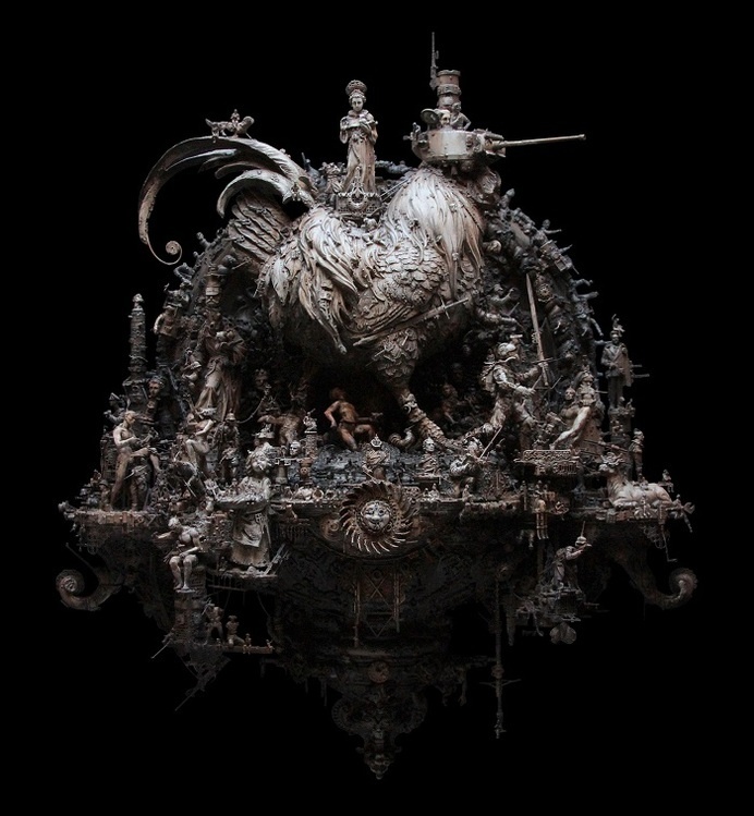 "Find out Kris Kuksi creations and interview showing his point of view in appreciation of his work." #sculpture #mural #design #statue #strange #art
