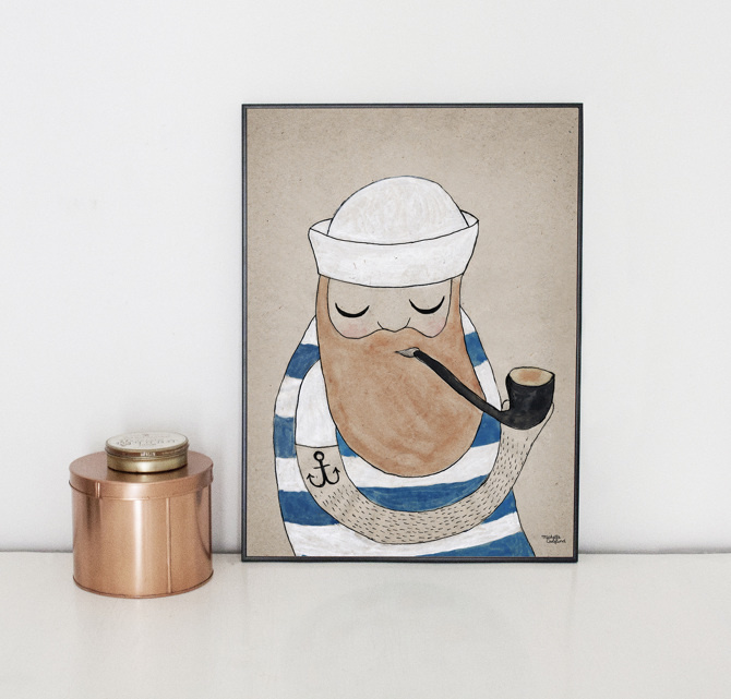 #nordic #design #illustration #danish #maritime #simple #blue #living #interior #kids #room #poster #sailor #stripes #man #pipe #beard