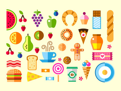 "Njam njam" icon set #flat #background #breakfast #satisfying #icon #baguettes #strawberries #chocolate #illustration #watermelon