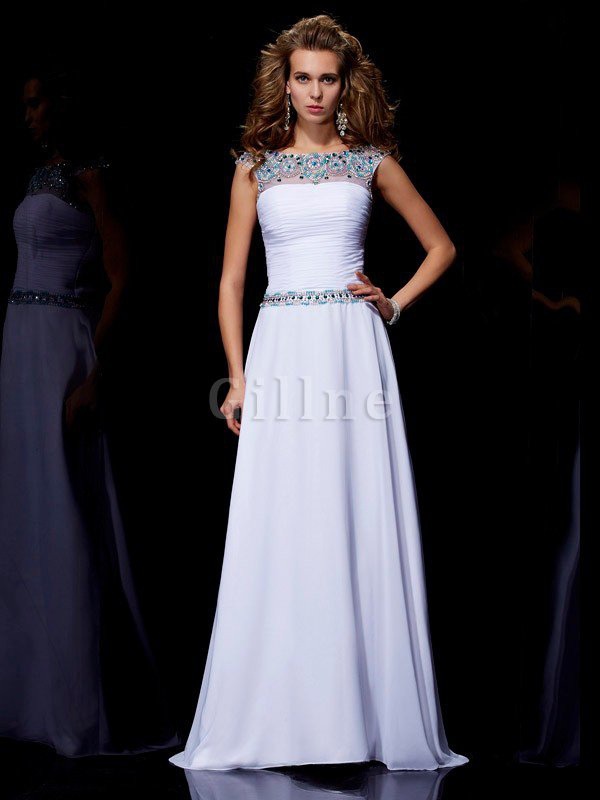 Abito da Sera A-Line con Manica Corte con Perline in Chiffon Naturale