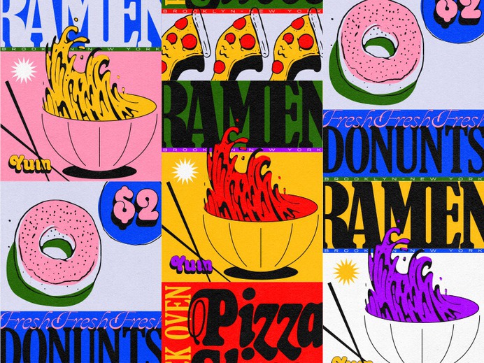 NYC Food type fonts illustration pizzeria ramen donut pizza