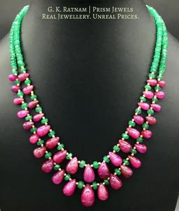 Two-row Necklace with ruby drops and emerald-grade green beryls - gold diamond polki kundan meena jadau jewellery