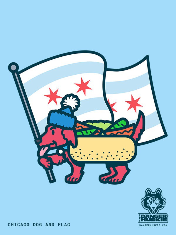 Just a weiner dog with toppings and the flag of Chicago! #chicago #chicagodog #hotdog #dachshund #dog #stockingcap #chicagoflag #flag #illustrator #illustration