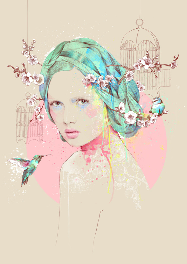 COLLISION on Behance, Ariana Perez #illustration #woman #colorful #watercolor #splatters #birds #flowers #cage #hair