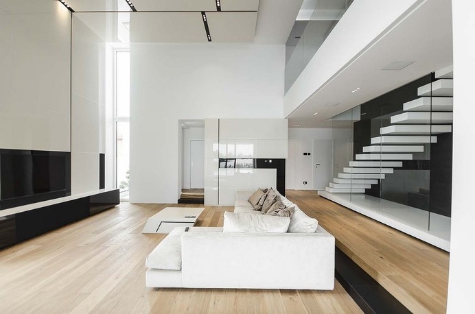 Black&White Volumes Defining Modern C House in Timisoara, Romania #interior #blackwhite #modern #design #living #room