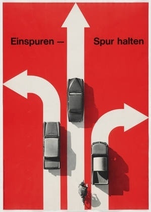MoMA | The Collection | Hans Hartmann. Einspuren - Spur Halten. 1963 #swiss #white #red #hans #harmann #black #poster