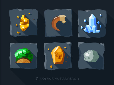 Artifacts icon set - 1 #quartz #old #meteorite #claw #mosquito #crystals #gold #tile #amber #dinosaur #moss #green